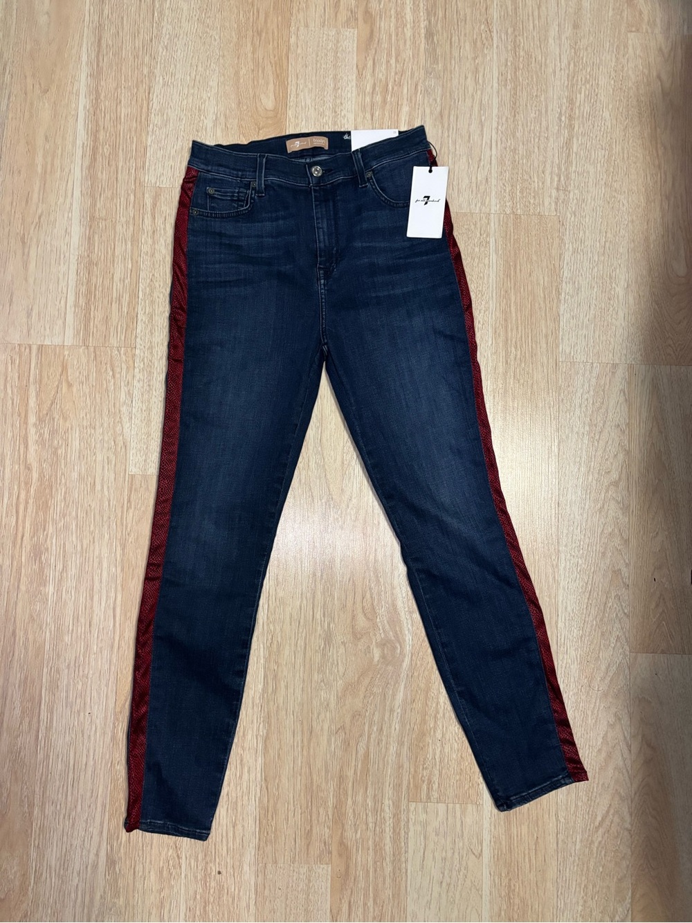 7 For All Mankind b(air) Authentic Ankle Skinny Jeans Red Snake Stripe Size 28